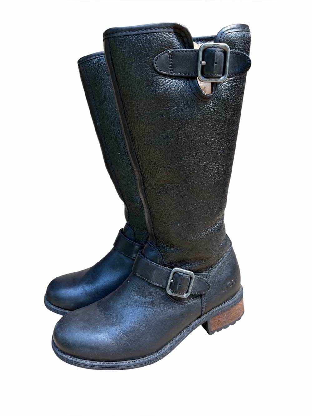UGG Chancery Black Leather Shearling Lined Tall Riding Boots Size 6
